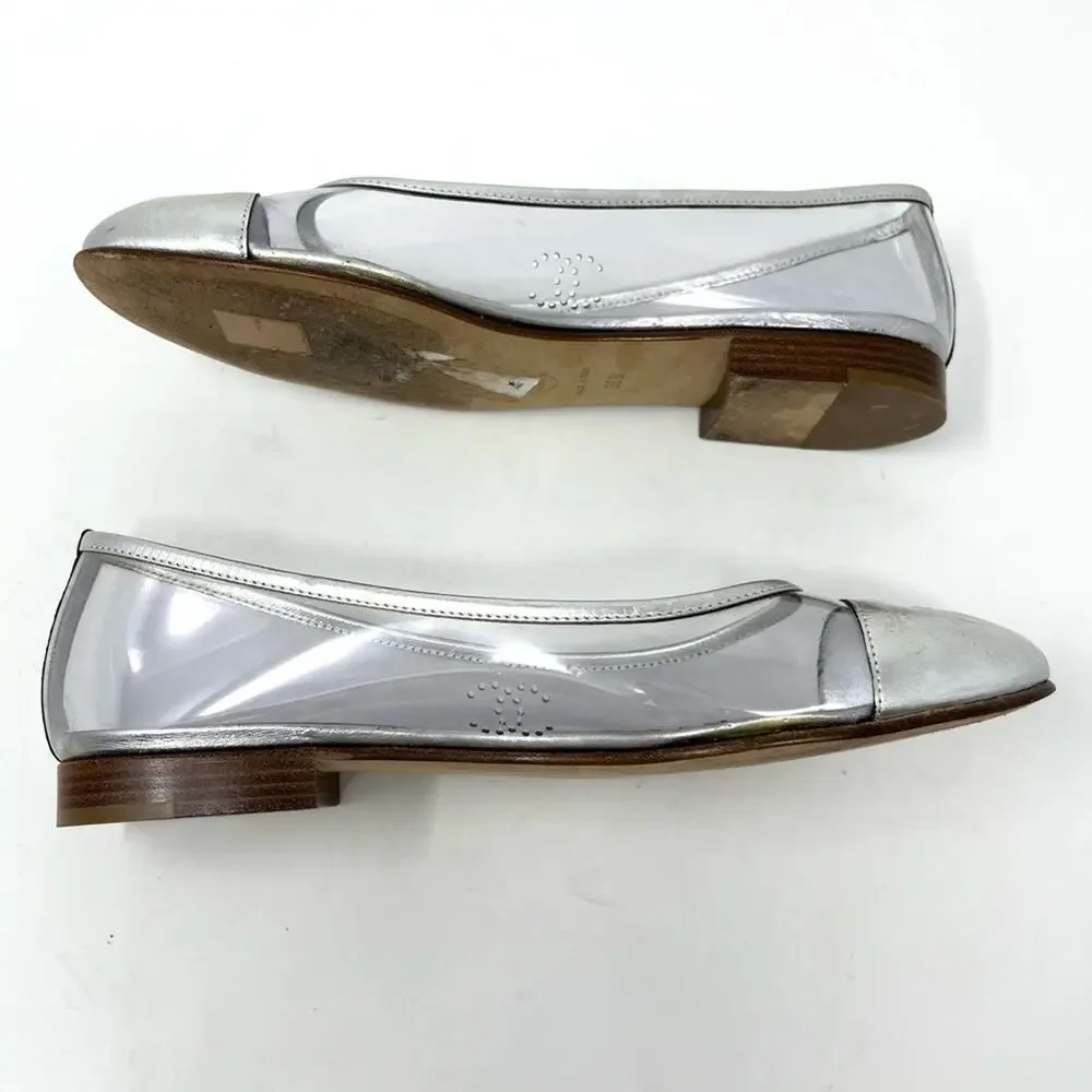 Chanel Interlocking CC Logo Silver Ballet Flat Cap Toe PVC Flat Size 36.5 EU